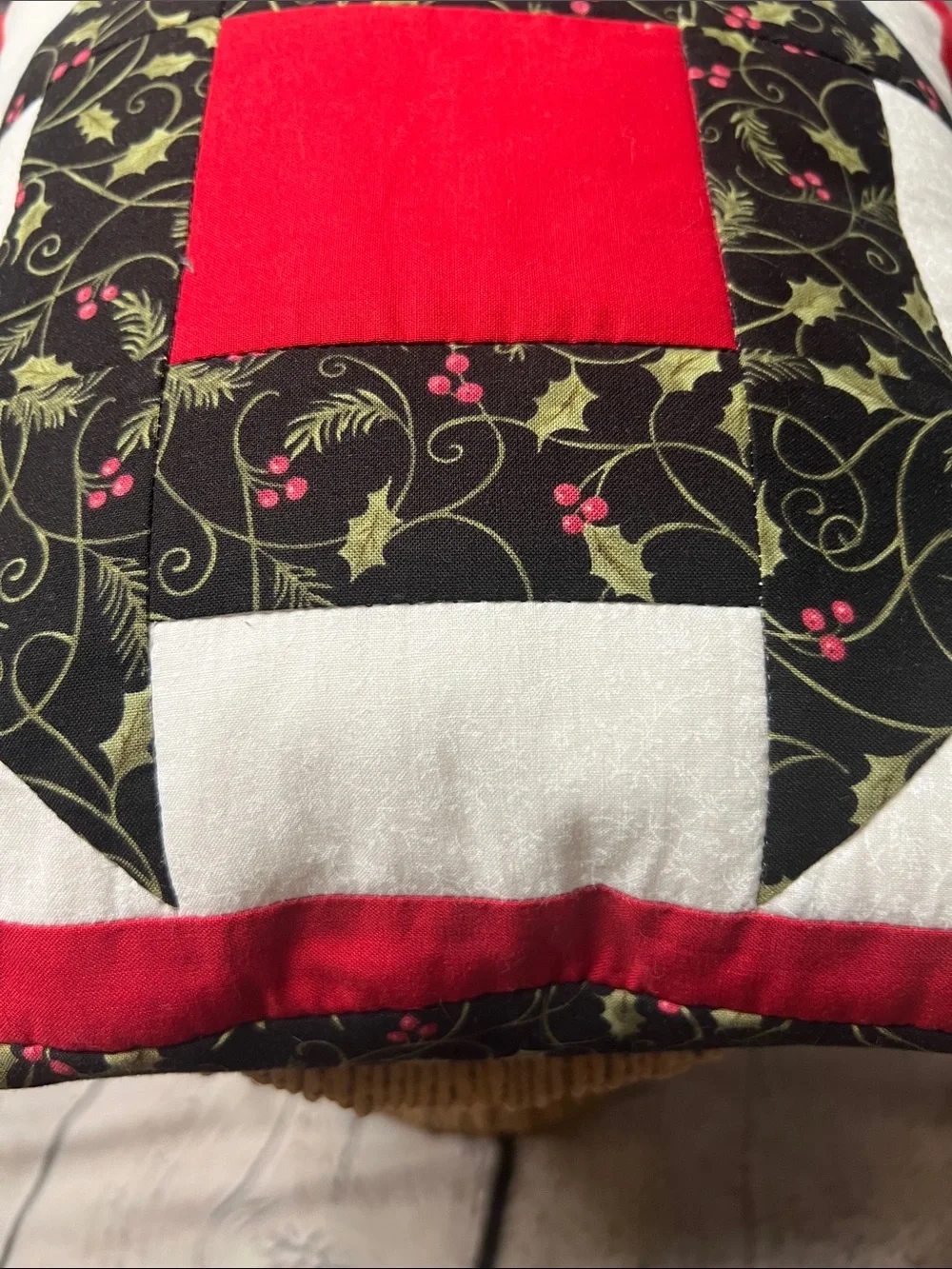 Handmade Quilted Christmas Throw Pillow Holly Berry Patchwork Holiday Decor 10